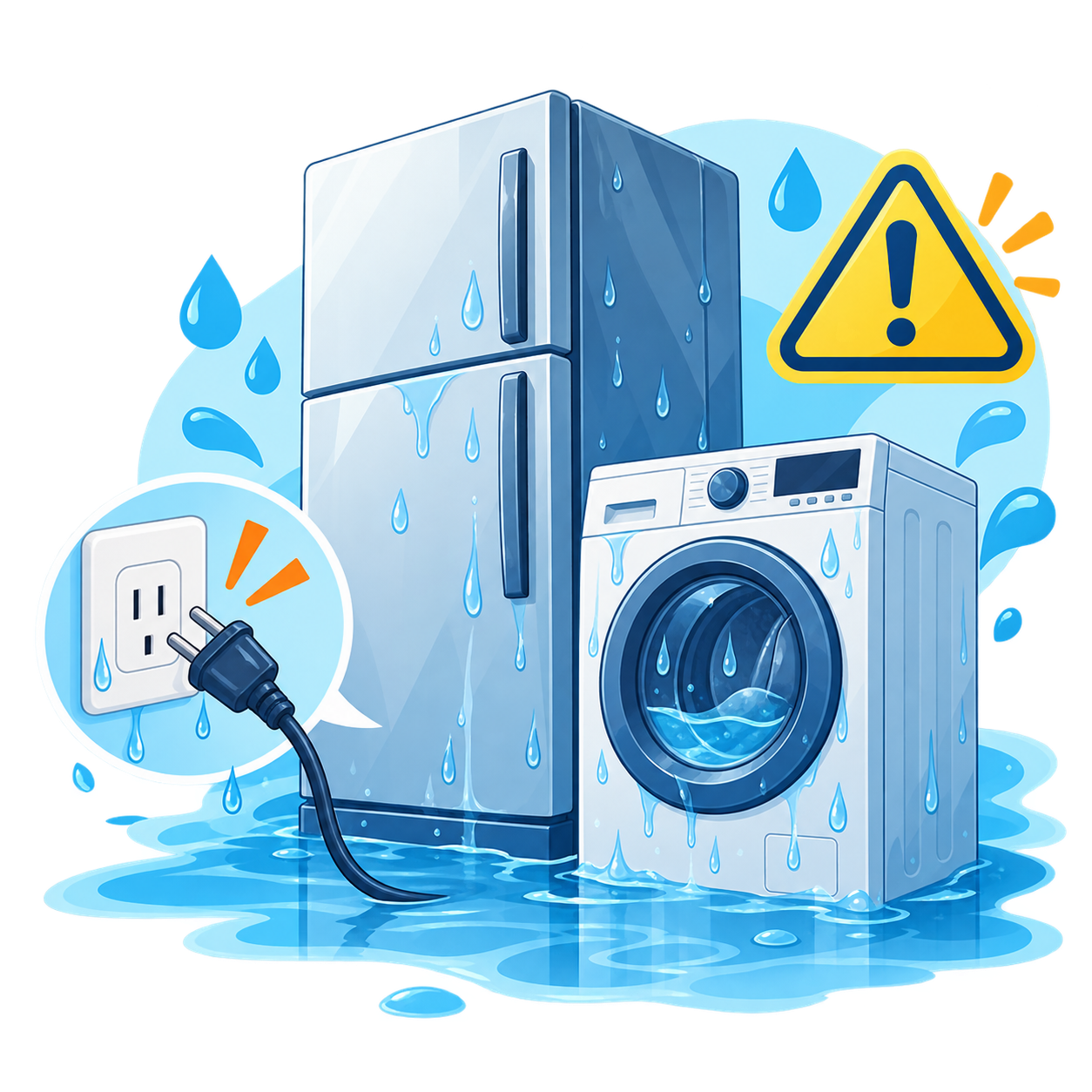 水に濡れた冷蔵庫と洗濯機の注意イメージ